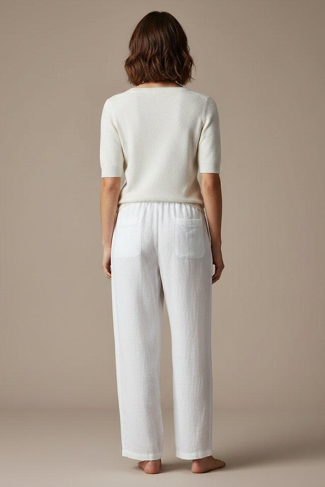 Pantalon Chino Blanc Lin Fluide Léger Cordon Femme - vue 2
