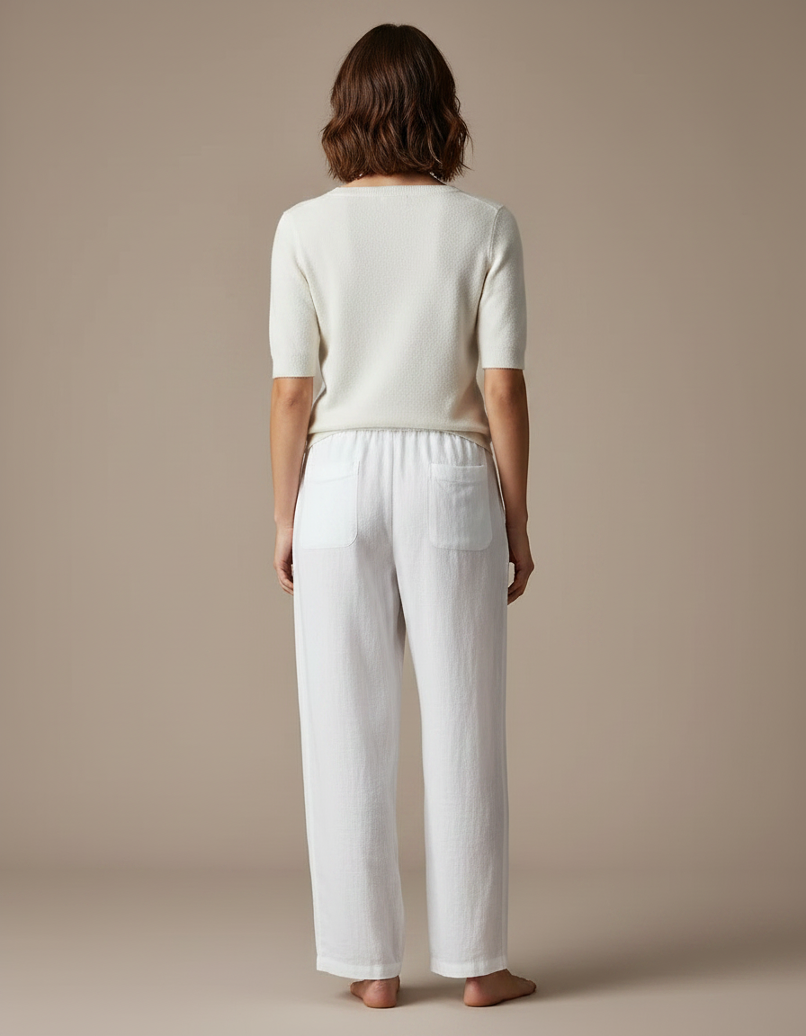 Pantalon Chino Blanc Lin Fluide Léger Cordon Femme - vue 2