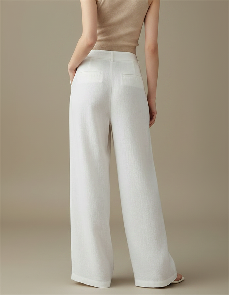 Pantalon Chino Blanc Lin Ample Droit Élégant Femme - vue 2