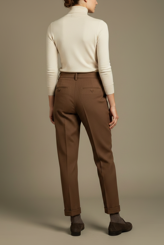 Pantalon Chino Marron Plissé Laine Élégant Femme - vue 2