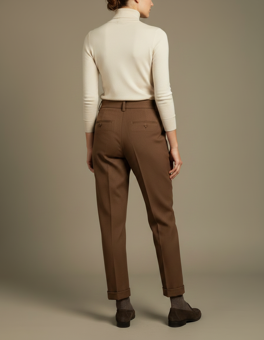 Pantalon Chino Marron Plissé Laine Élégant Femme - vue 2