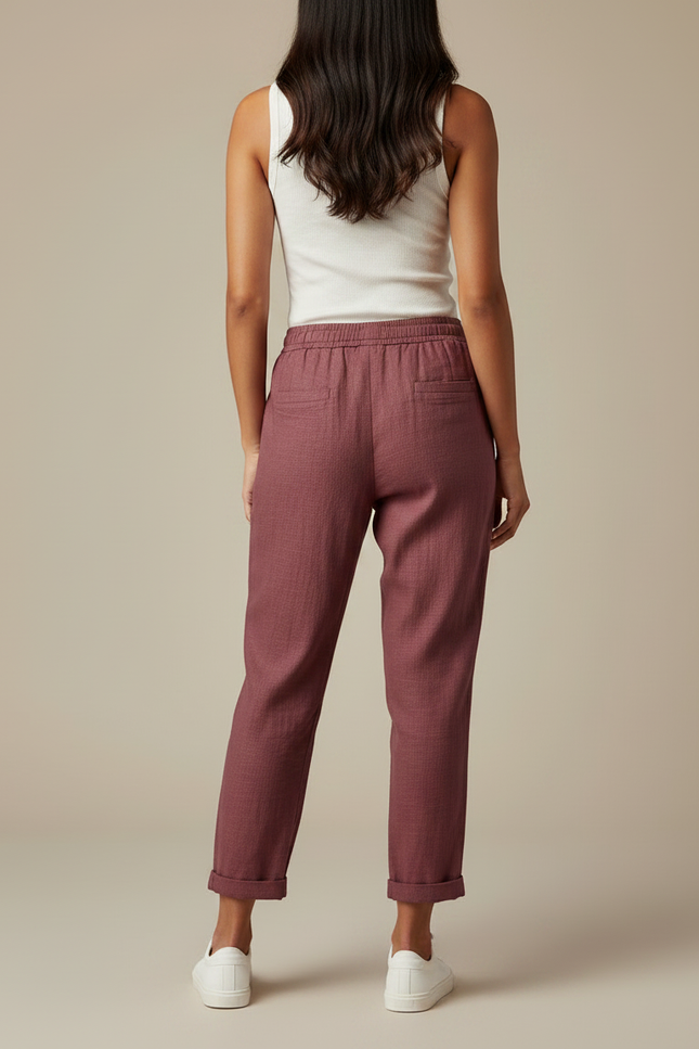 Pantalon Chino Bordeaux Ample Cordon Lin Femme - vue 2