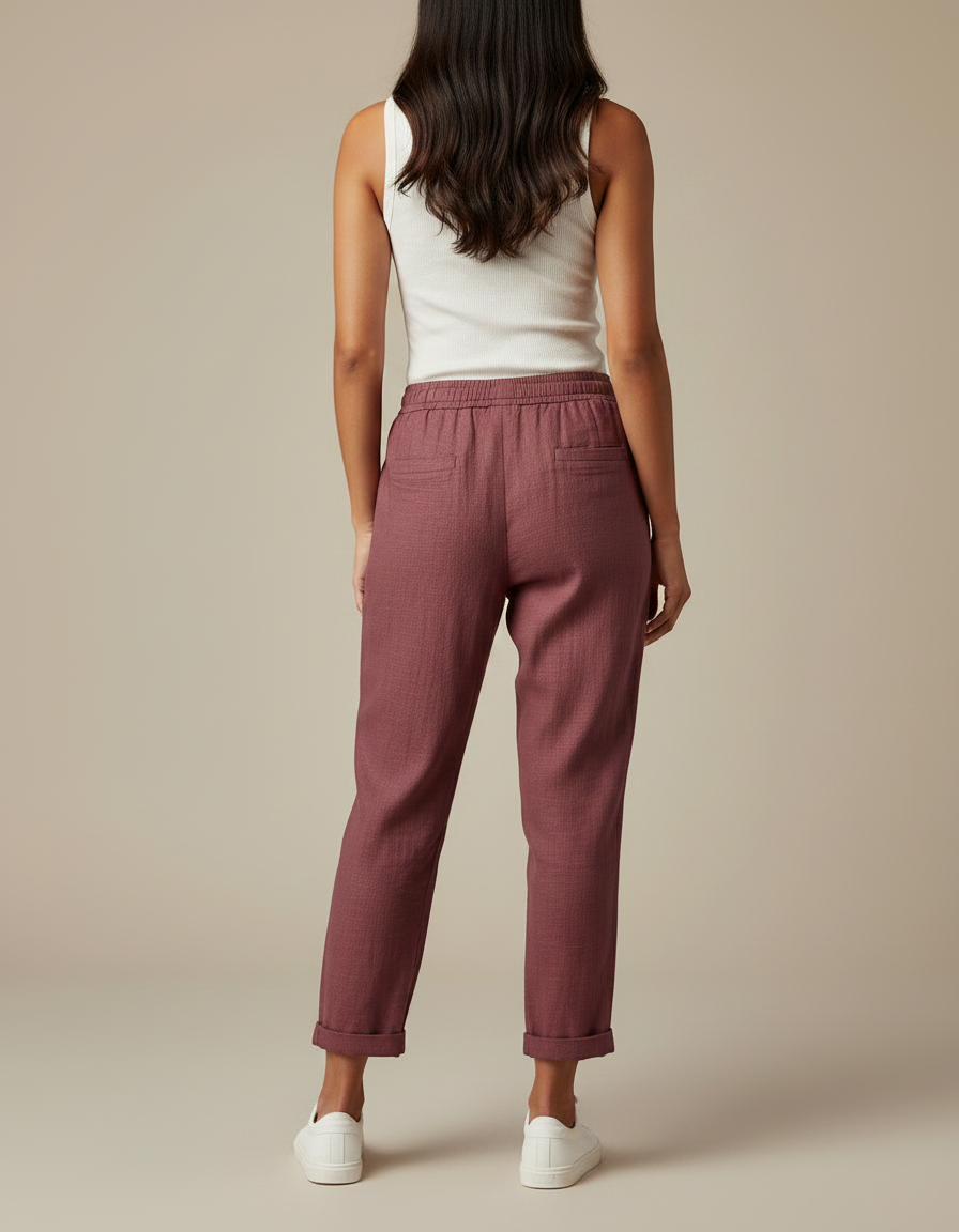 Pantalon Chino Bordeaux Ample Cordon Lin Femme - vue 2