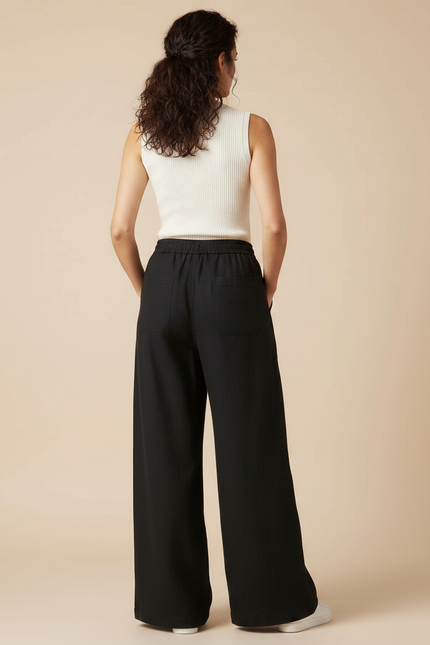 Pantalon Chino Noir Fluide Ample Cordon Lin - vue 2