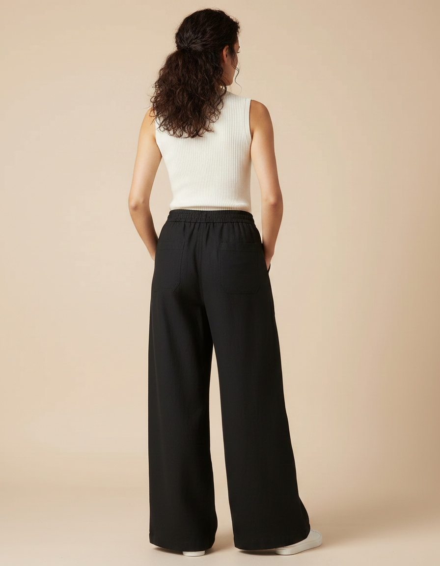 Pantalon Chino Noir Fluide Ample Cordon Lin - vue 2