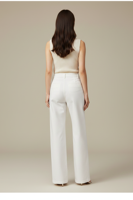 Pantalon Chino Blanc Ample Taille Haute Femme Élégant - Gabardine - vue 2