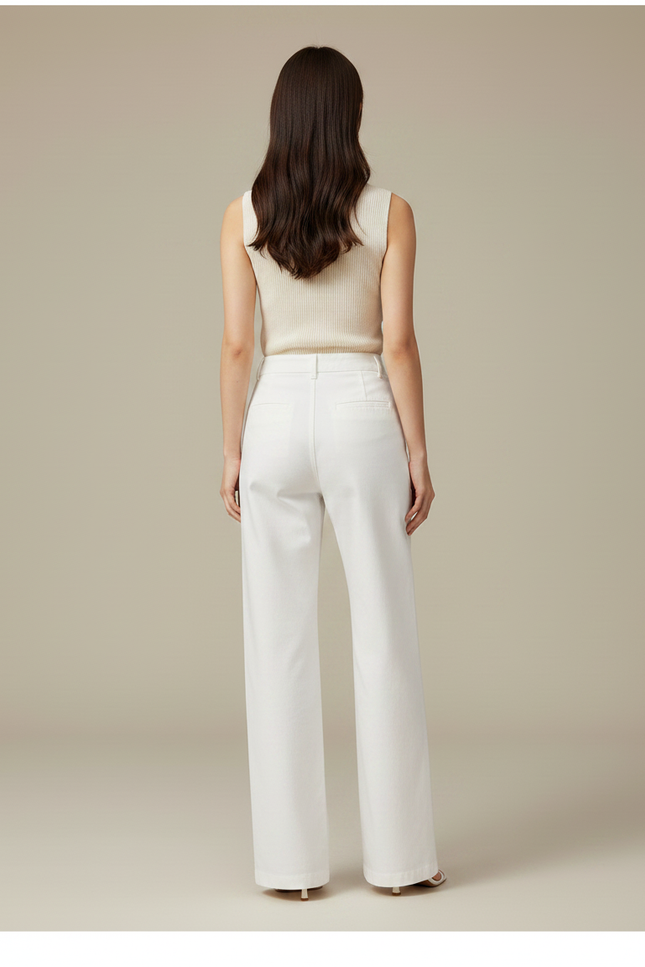 Pantalon Chino Blanc Ample Taille Haute Femme Élégant - Gabardine - vue 2