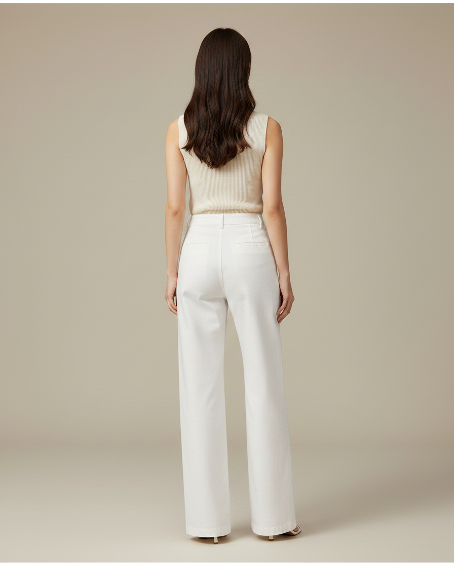 Pantalon Chino Blanc Ample Taille Haute Femme Élégant - Gabardine - vue 2