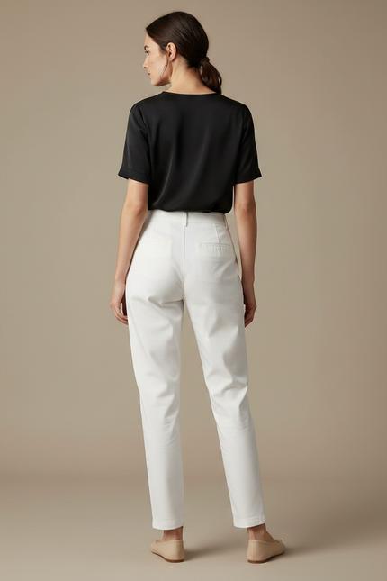 Pantalon Chino Blanc Taille Haute Plissé Élégant Femme - Gabardine - vue 2