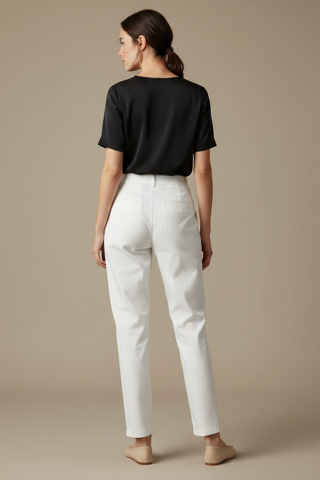 Pantalon Chino Blanc Taille Haute Plissé Élégant Femme - Gabardine - vue 2