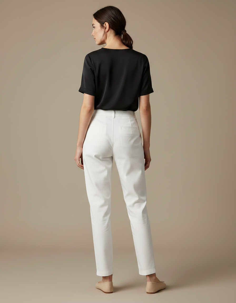 Pantalon Chino Blanc Taille Haute Plissé Élégant Femme - Gabardine - vue 2