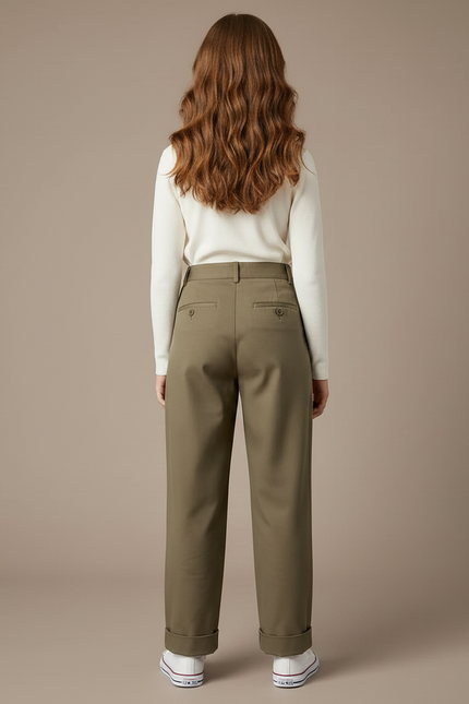 Pantalon Chino Kaki Plissé Droit Décontracté Femme - Gabardine - vue 2