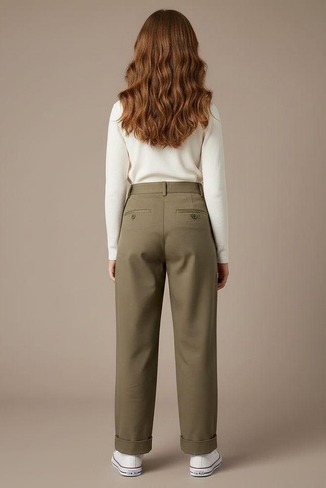 Pantalon Chino Kaki Plissé Droit Décontracté Femme - Gabardine - vue 2