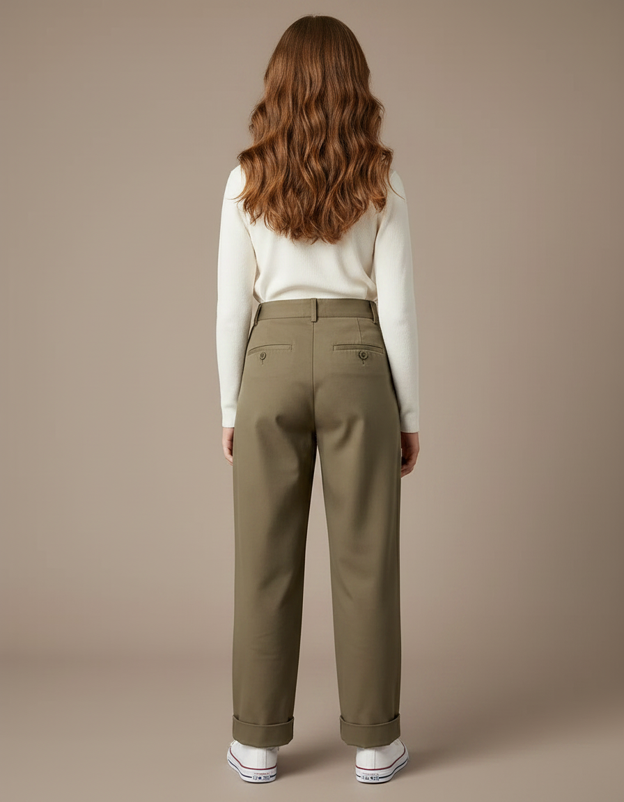 Pantalon Chino Kaki Plissé Droit Décontracté Femme - Gabardine - vue 2