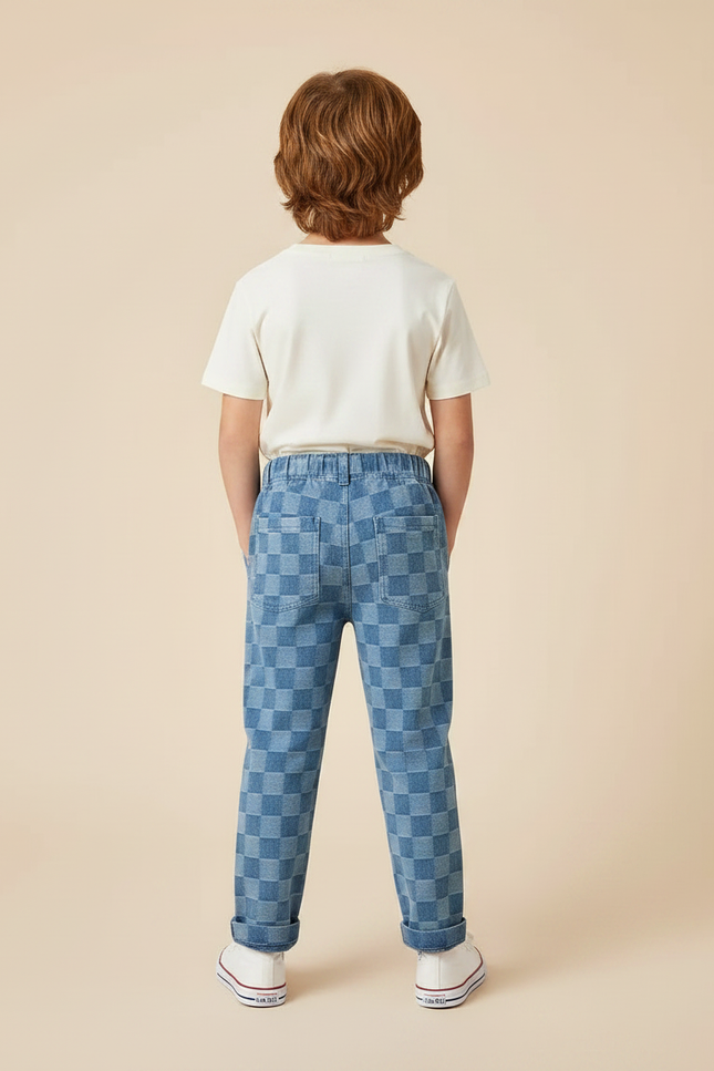 Pantalon Chino Carreaux Bleus Ample Décontracté Enfant - Jean - vue 2
