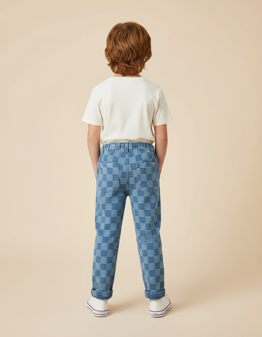 Pantalon Chino Carreaux Bleus Ample Décontracté Enfant - Jean - vue 2