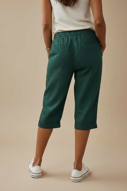 Pantalon Chino Vert Foncé Lin Cordon Décontracté Femme - vue 2
