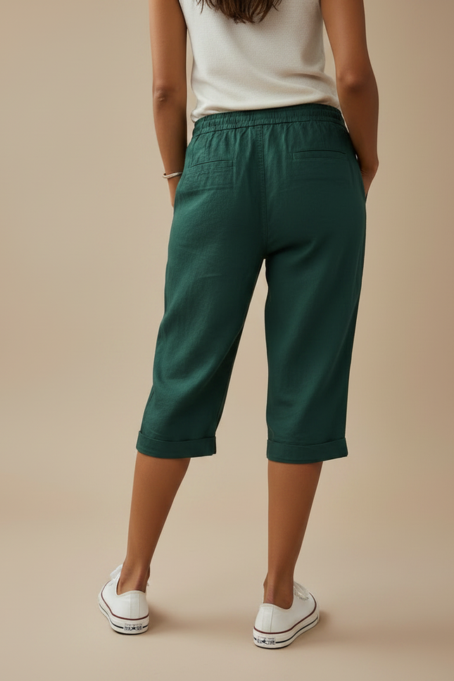 Pantalon Chino Vert Foncé Lin Cordon Décontracté Femme - vue 2