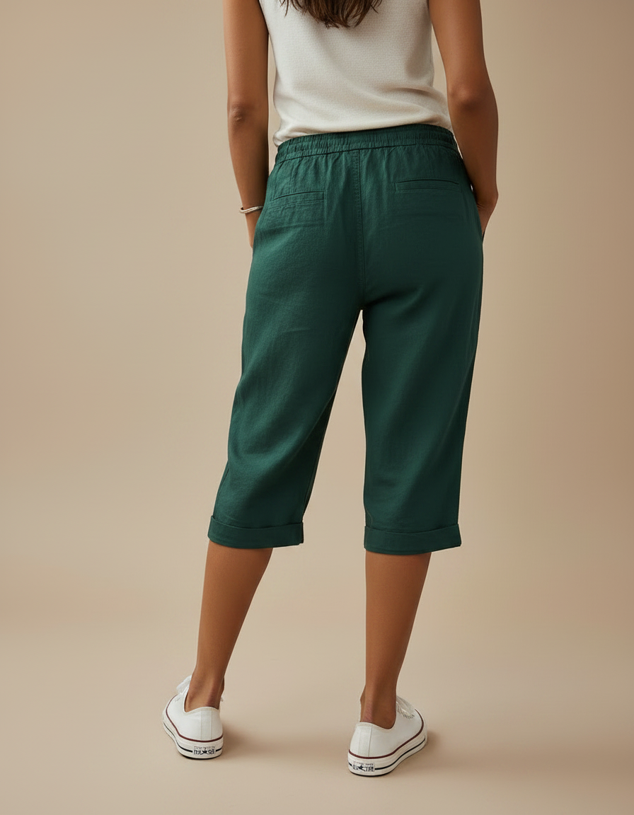 Pantalon Chino Vert Foncé Lin Cordon Décontracté Femme - vue 2