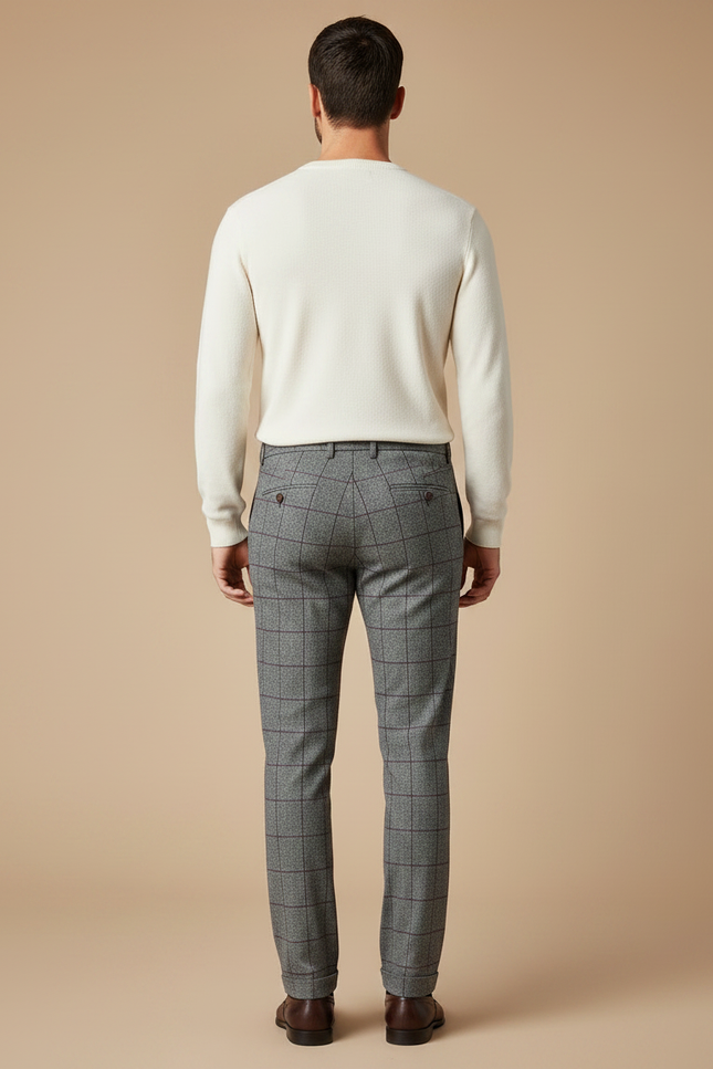 Pantalon Chino Gris Carreaux Laine Élégant Slim - Tweed - vue 2
