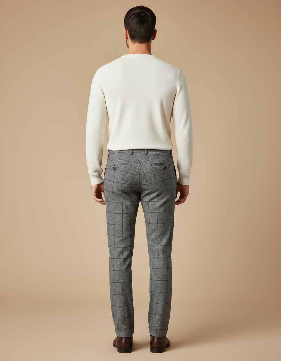 Pantalon Chino Gris Carreaux Laine Élégant Slim - Tweed - vue 2