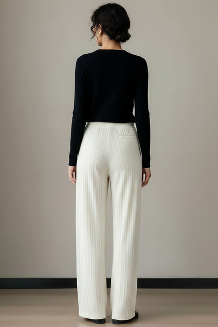 Pantalon Chino Écru Côtelé Ample Femme Élégant - Blanc Cordé - vue 2