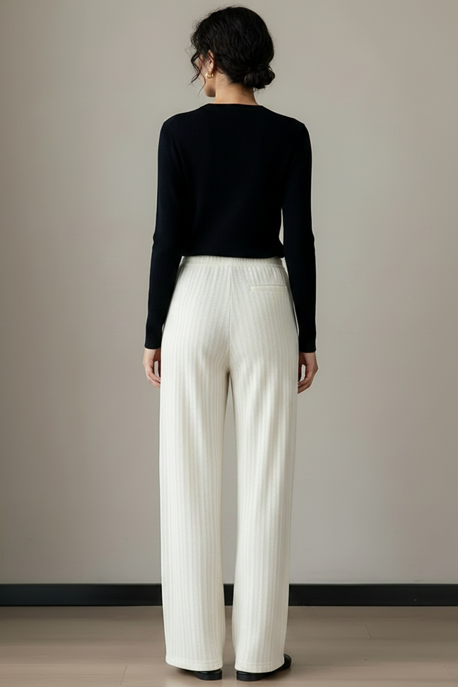 Pantalon Chino Écru Côtelé Ample Femme Élégant - Blanc Cordé - vue 2
