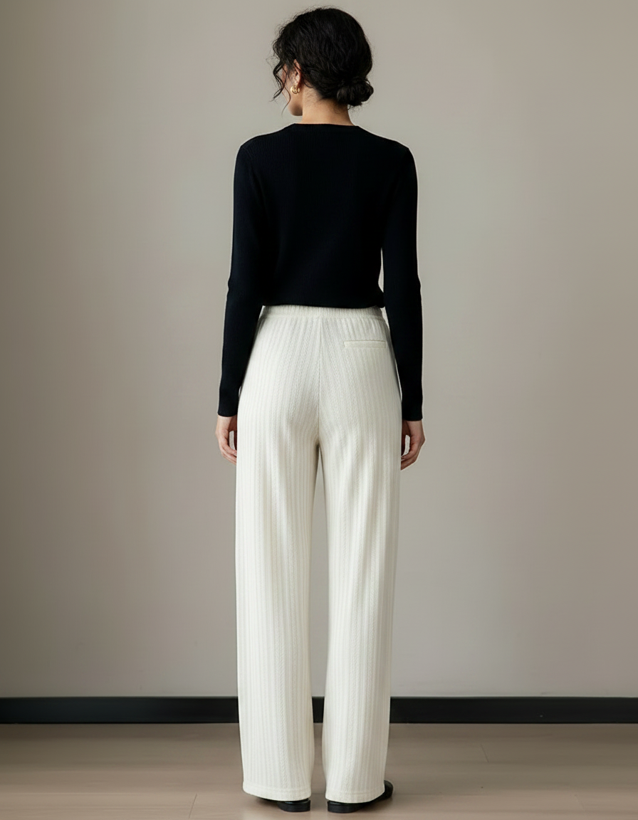 Pantalon Chino Écru Côtelé Ample Femme Élégant - Blanc Cordé - vue 2
