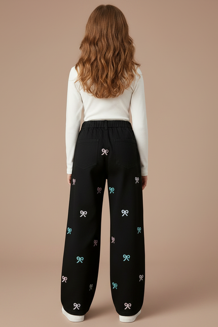Pantalon Chino Noir Ample Broderies Nœuds Fille - Coton - vue 2