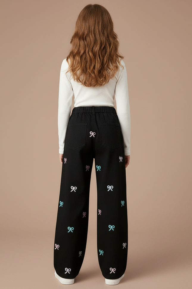 Pantalon Chino Noir Ample Broderies Nœuds Fille - Coton - vue 2