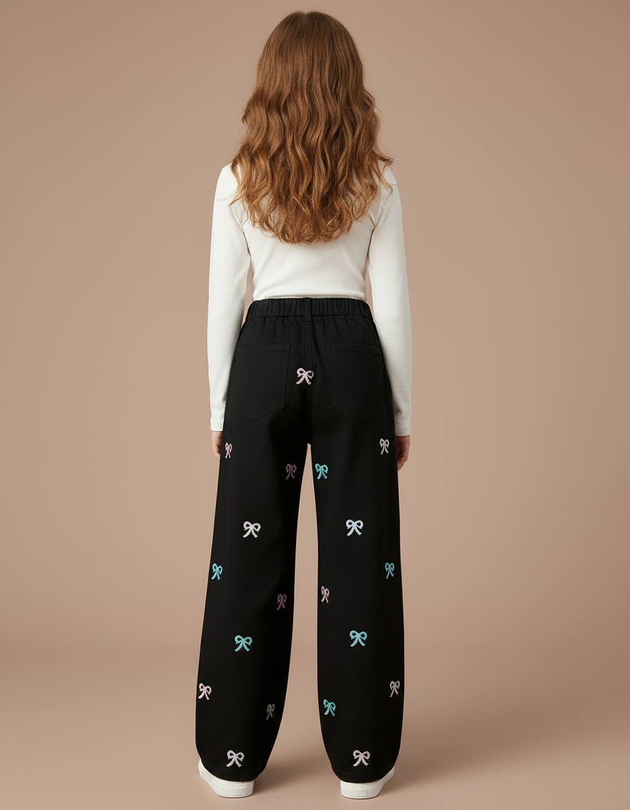 Pantalon Chino Noir Ample Broderies Nœuds Fille - Coton - vue 2