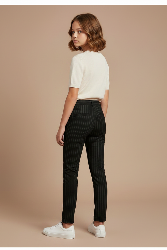 Pantalon Chino Noir Rayé Slim Fille Élégant - Gabardine - vue 2