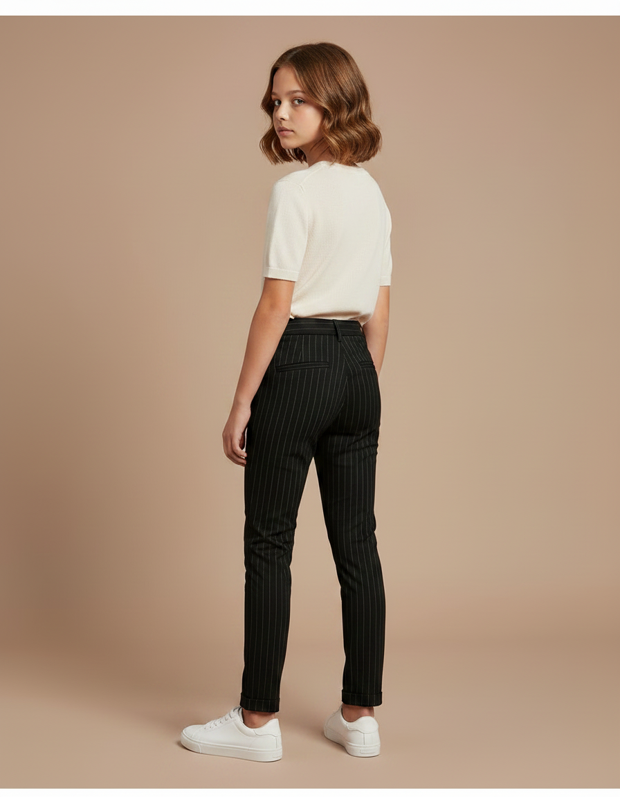 Pantalon Chino Noir Rayé Slim Fille Élégant - Gabardine - vue 2