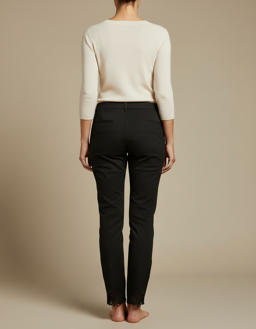 Pantalon Chino Noir Dentelle Évidée Slim Femme Élégant - Gabardine - vue 2