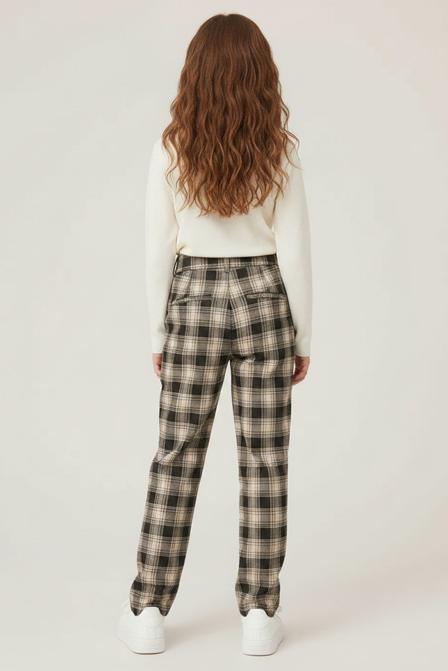 Pantalon Chino Carreaux Beige Ample Décontracté Fille - Laine - vue 2