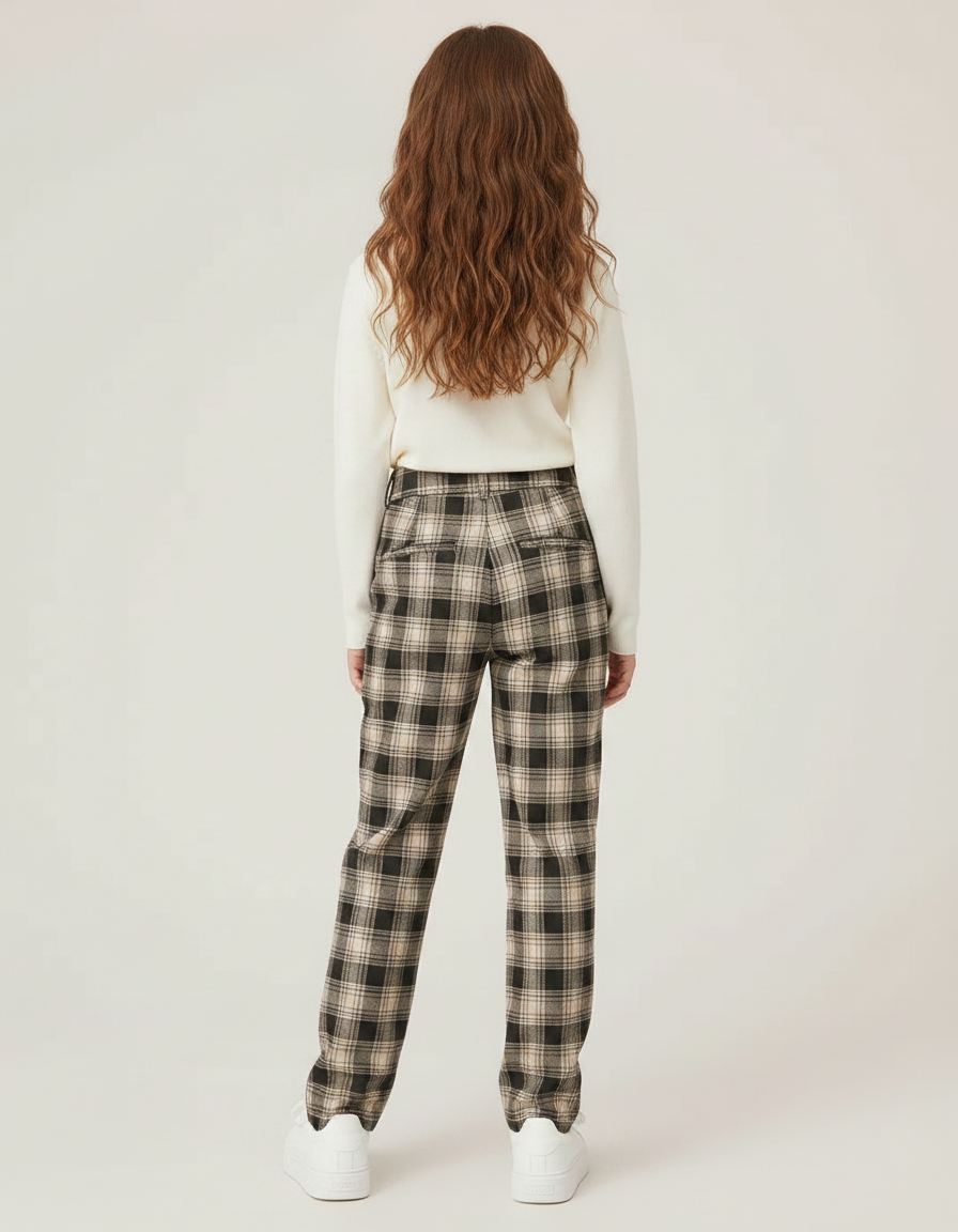 Pantalon Chino Carreaux Beige Ample Décontracté Fille - Laine - vue 2