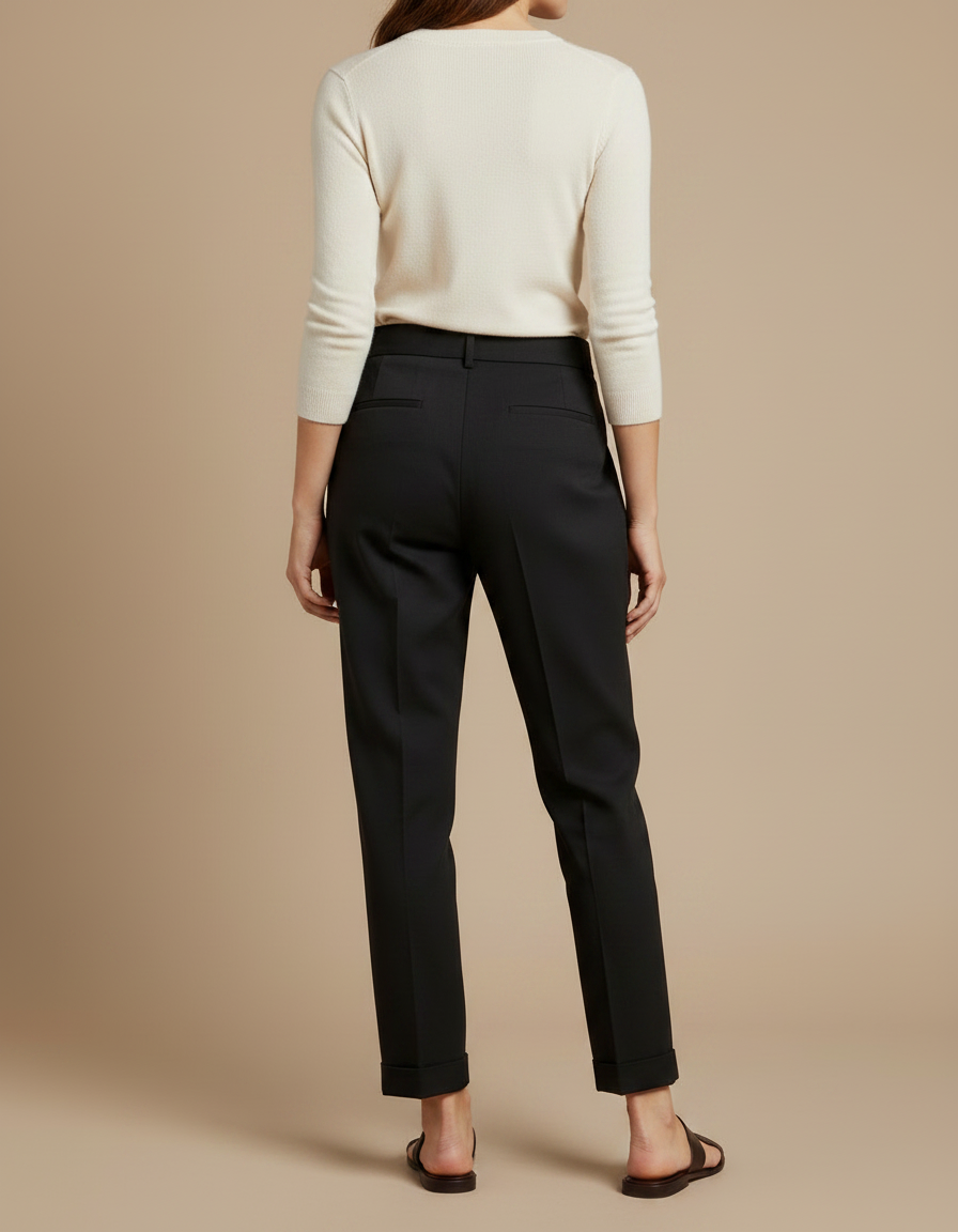 Pantalon Chino Noir Plissé Taille Haute Femme - Gabardine - vue 2