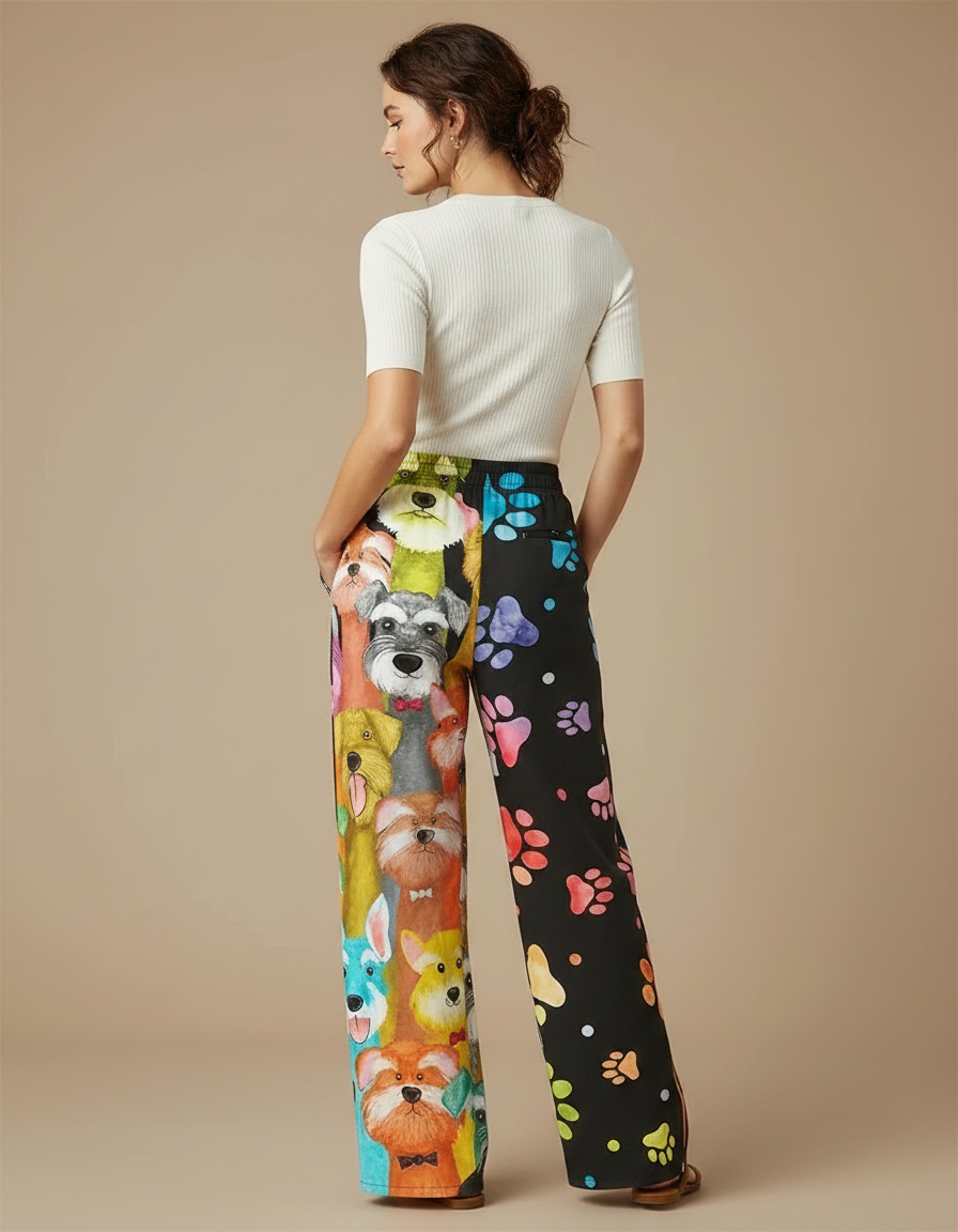 Pantalon Chino Large Imprimé Chiens Coloré Décontracté - Multicolore Polyester - vue 2