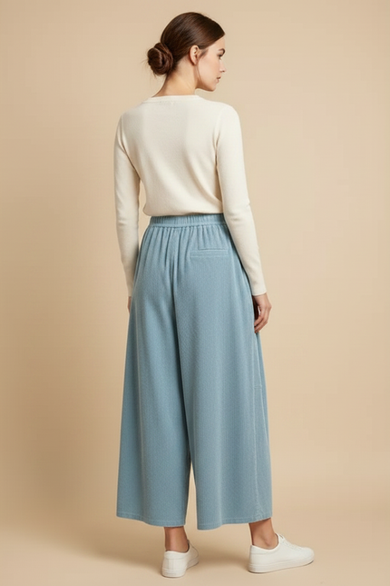 Pantalon Chino Côtelé Large Bleu Ciel Confortable Femme - Cordé - vue 2