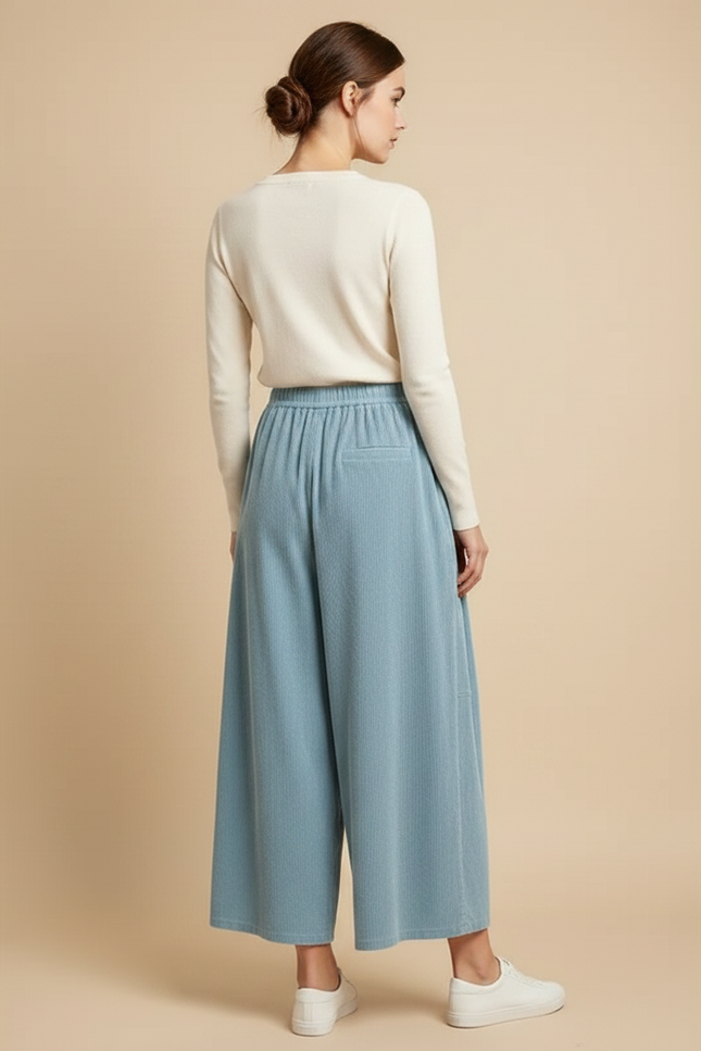 Pantalon Chino Côtelé Large Bleu Ciel Confortable Femme - Cordé - vue 2
