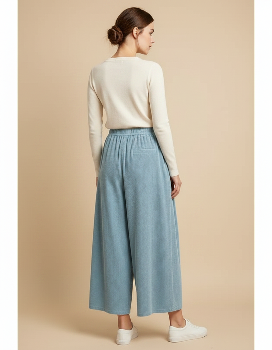 Pantalon Chino Côtelé Large Bleu Ciel Confortable Femme - Cordé - vue 2