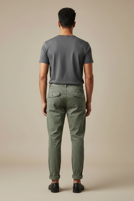Pantalon Chino Vert Kaki Coton Décontracté Ceinturé Homme - Toile - vue 2