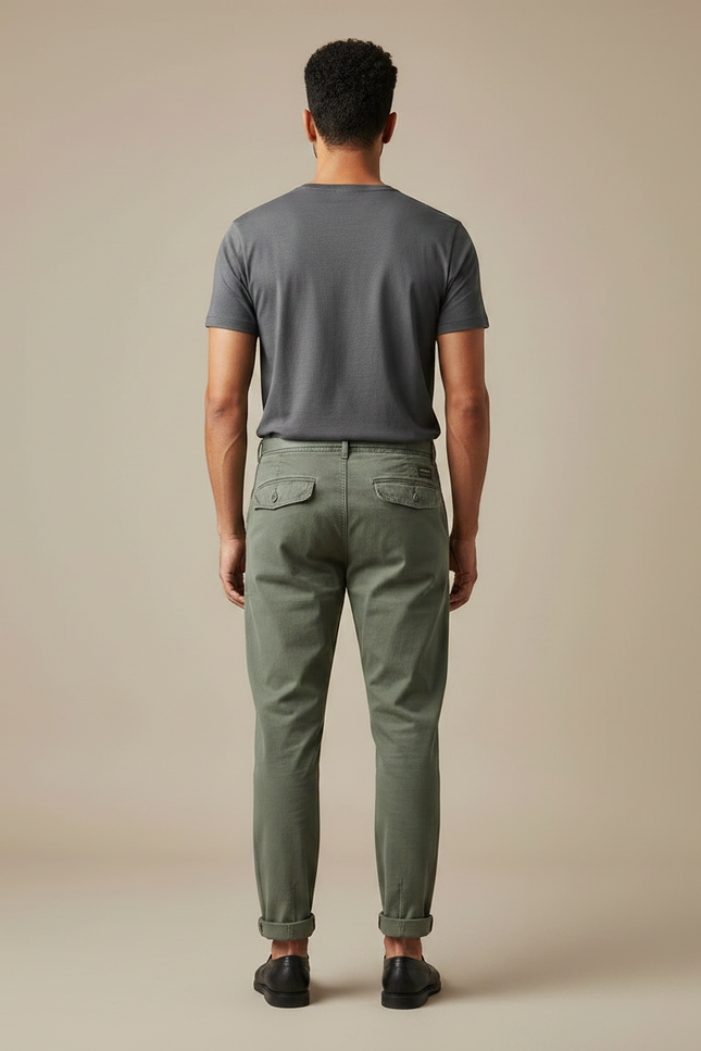 Pantalon Chino Vert Kaki Coton Décontracté Ceinturé Homme - Toile - vue 2