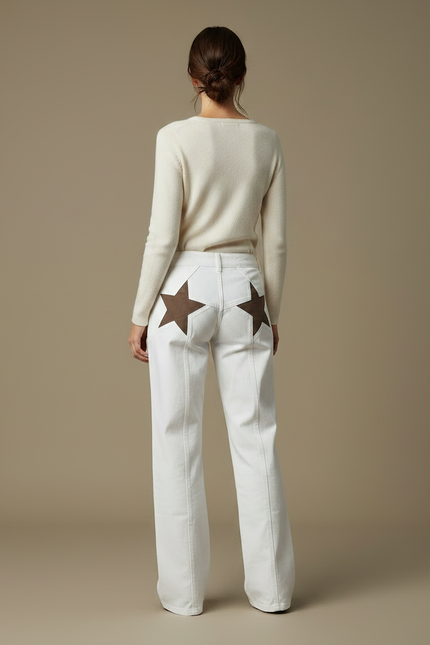 Pantalon Chino Blanc Étoiles Coupe Droite Femme - Jean - vue 2
