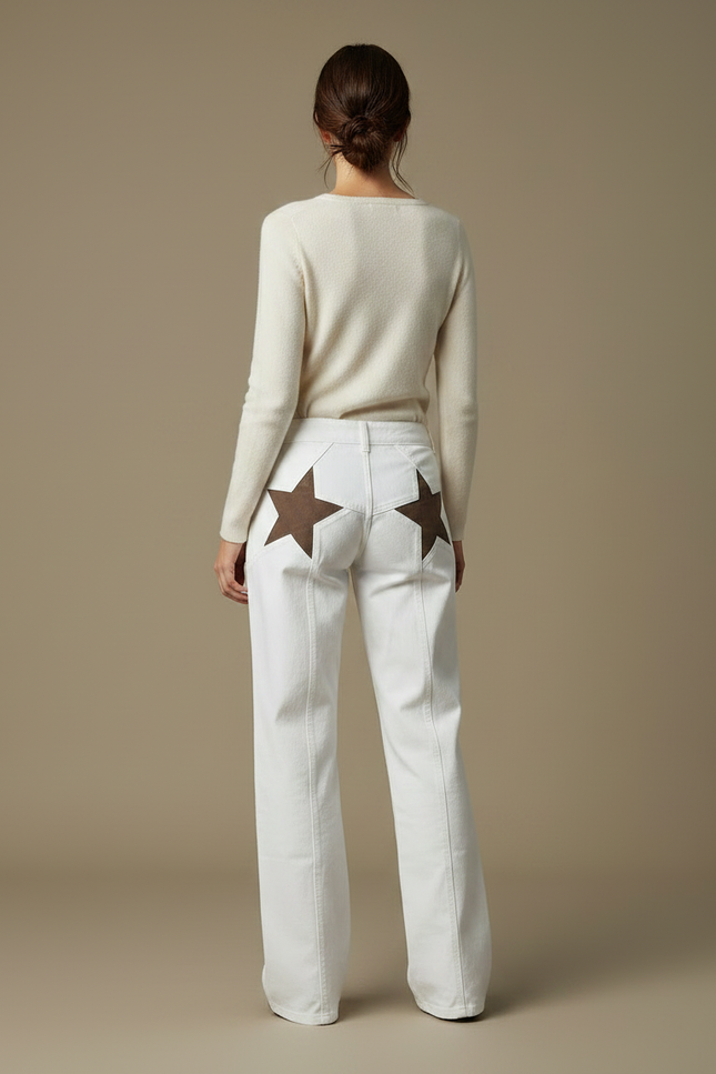 Pantalon Chino Blanc Étoiles Coupe Droite Femme - Jean - vue 2