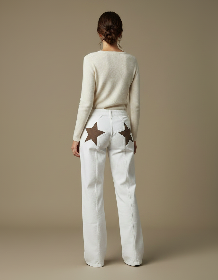 Pantalon Chino Blanc Étoiles Coupe Droite Femme - Jean - vue 2