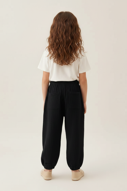 Pantalon Chino Noir Ample Texturé Fille Décontracté - Coton - vue 2