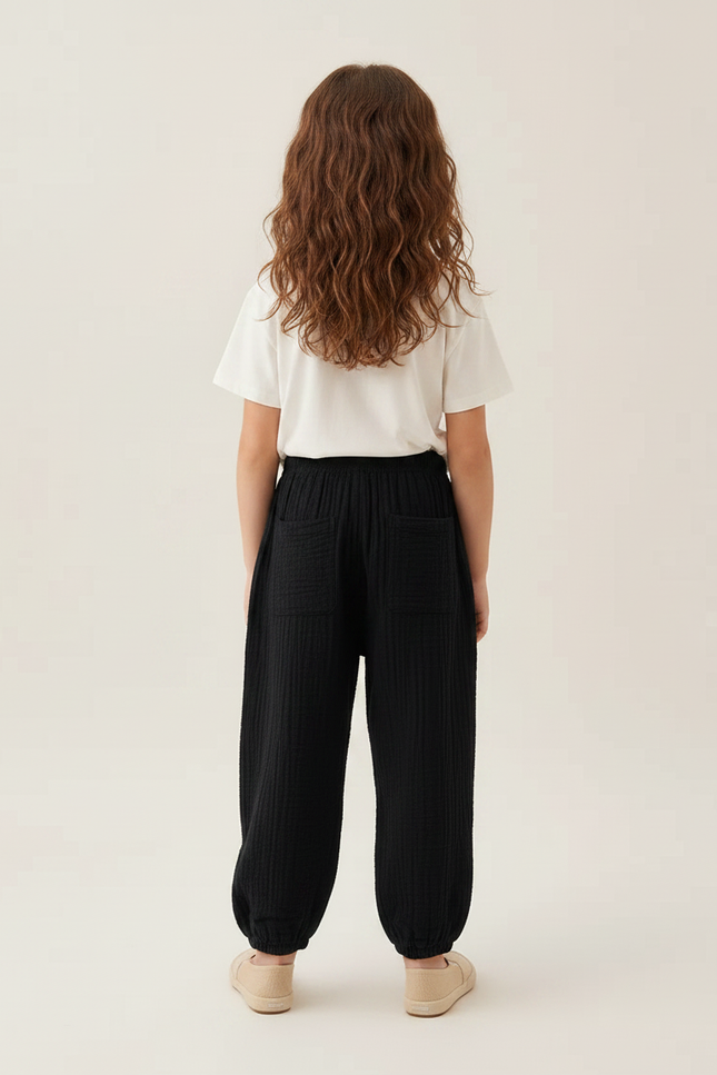 Pantalon Chino Noir Ample Texturé Fille Décontracté - Coton - vue 2