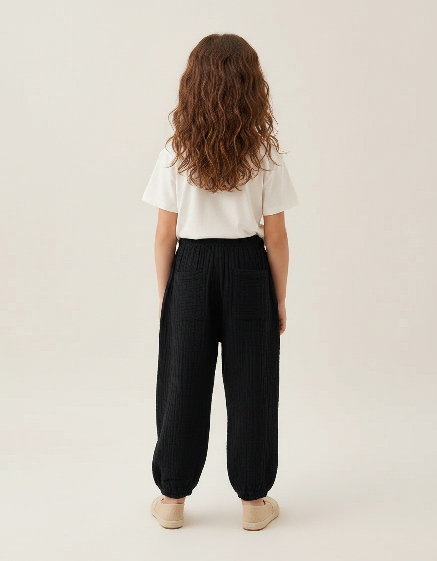 Pantalon Chino Noir Ample Texturé Fille Décontracté - Coton - vue 2