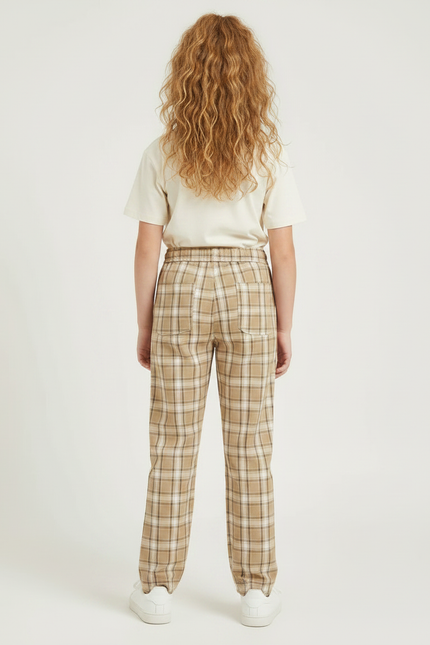 Pantalon Chino Carreaux Beige Décontracté Fille - Imprimé Coton - vue 2